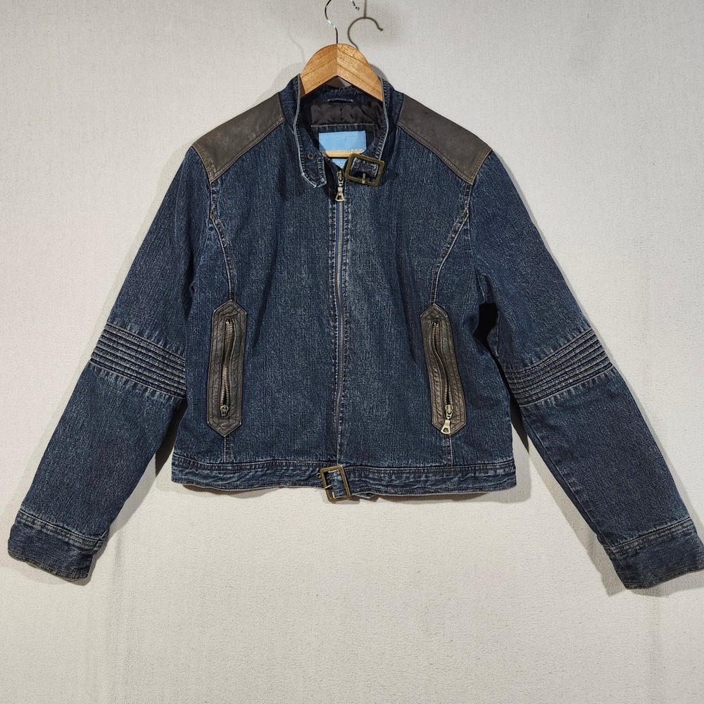 Nine West Denim Moto Jacket XL Blue Leather Trim Quilted Lining Biker Coat Retro